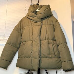 H&M Stylish Olive Green Khaki Women's Hooded Oversized Puffer Coat Jacket